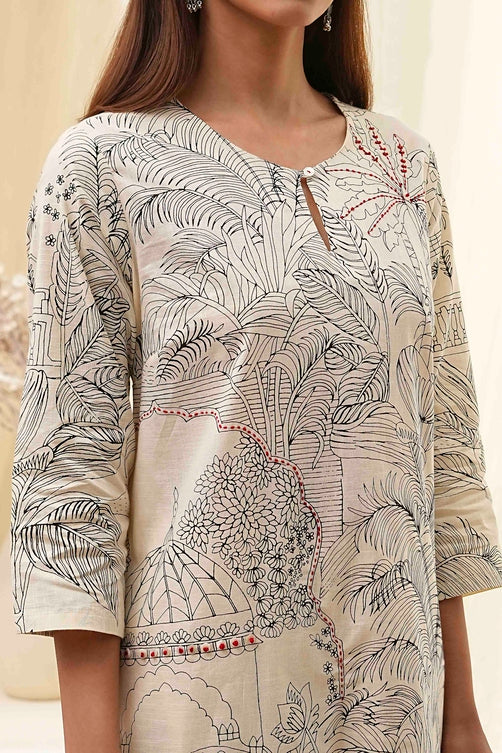 Off-White Cotton Straight Printed Kurta Set