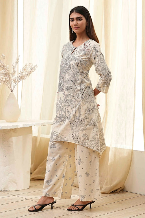 Off-White Cotton Straight Printed Kurta Set