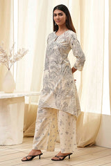 Off-White Cotton Straight Printed Kurta Set