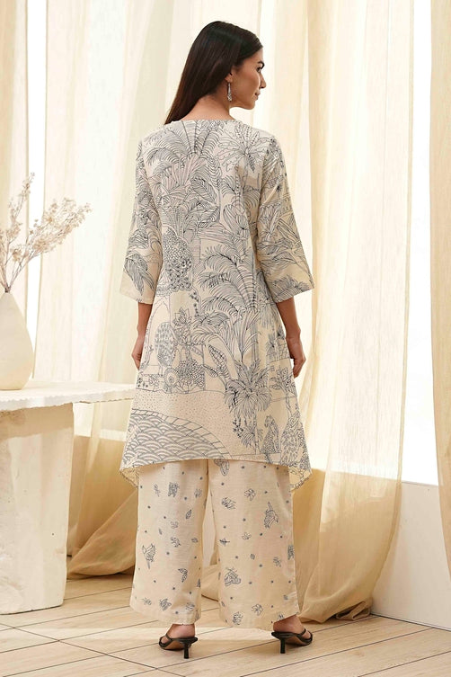 Off-White Cotton Straight Printed Kurta Set