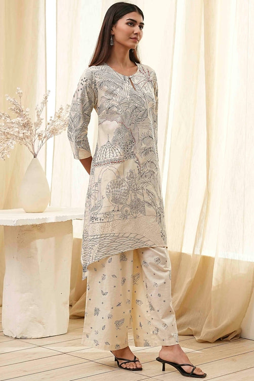 Off-White Cotton Straight Printed Kurta Set