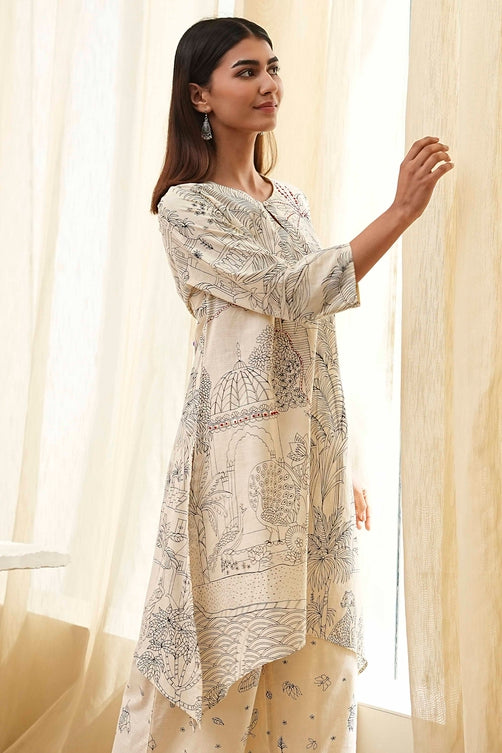 Off-White Cotton Straight Printed Kurta Set