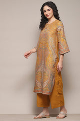 Yarn Dyed Cotton Blend Straight Kurta Palazzo Set