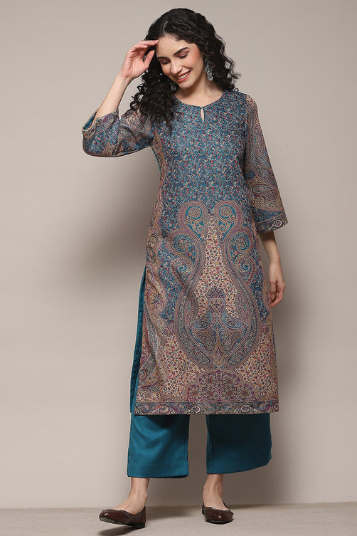 Yarn Dyed Cotton Blend Straight Kurta Palazzo Set
