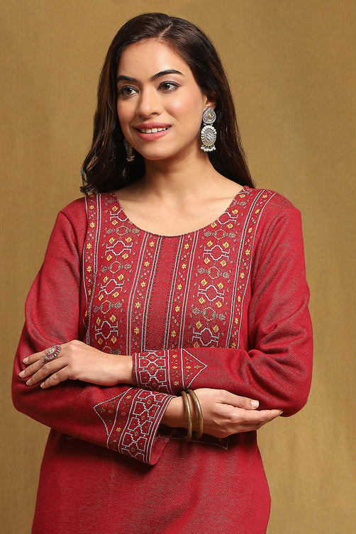 Red Jacquard Straight Kurta Palazzo Set with Dupatta