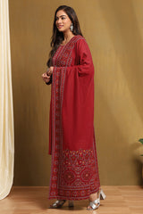 Red Jacquard Straight Kurta Palazzo Set with Dupatta