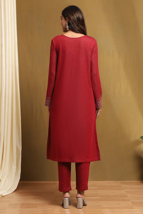 Red Jacquard Straight Kurta Palazzo Set with Dupatta