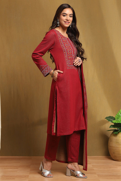 Red Jacquard Straight Kurta Palazzo Set with Dupatta