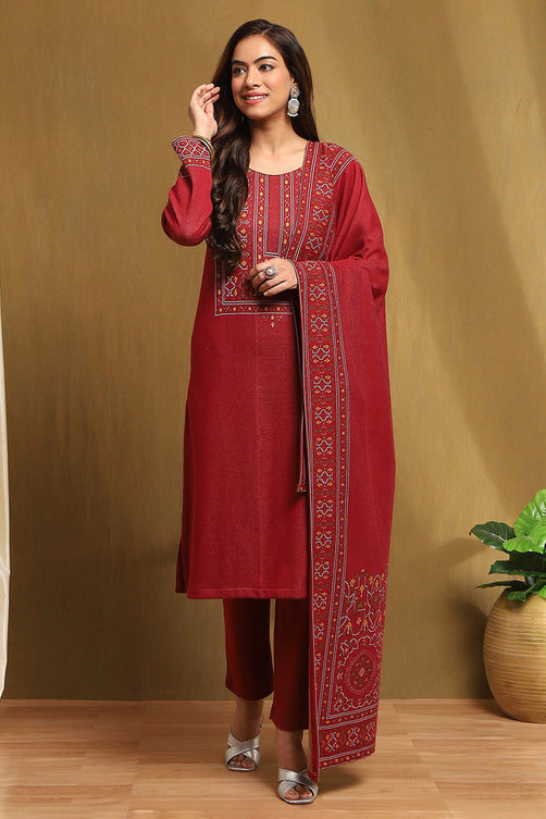Red Jacquard Straight Kurta Palazzo Set with Dupatta