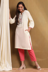 Embroidered Acrylic Straight Kurta with Round Neck