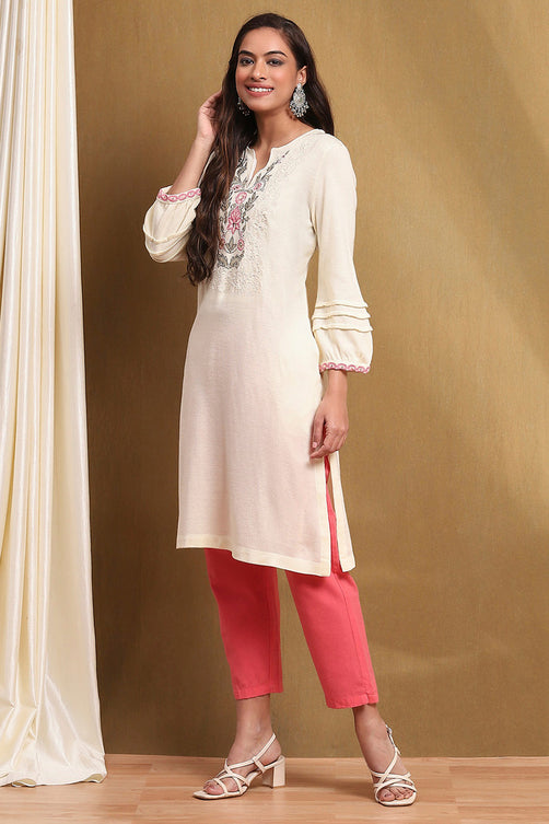 Embroidered Acrylic Straight Kurta with Round Neck