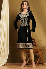 Embroidered Polyester Straight Kurta with Round Neck