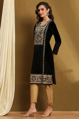Embroidered Polyester Straight Kurta with Round Neck