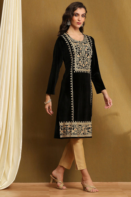 Embroidered Polyester Straight Kurta with Round Neck