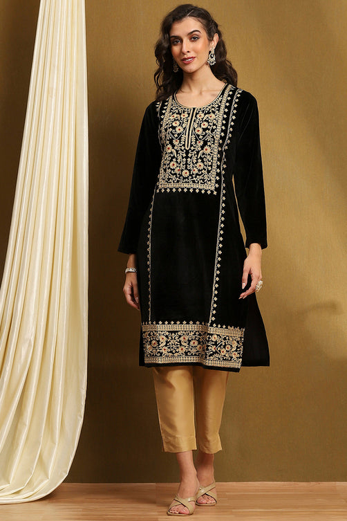 Embroidered Polyester Straight Kurta with Round Neck