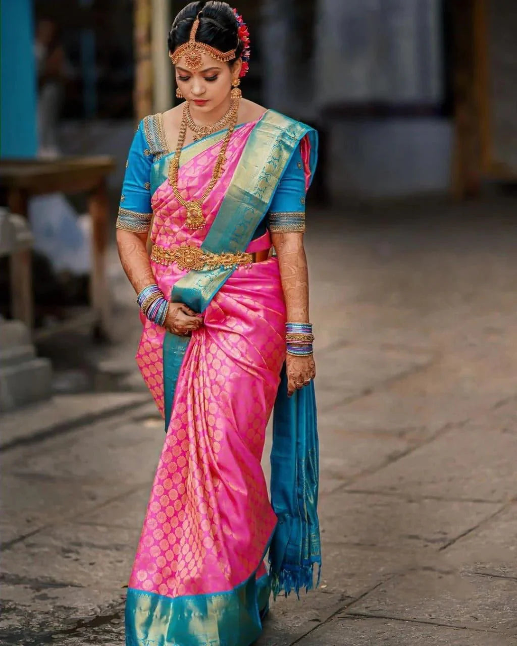 Dark Pink Banarasi Silk Saree with Jacquard Weave & Firozi Blouse